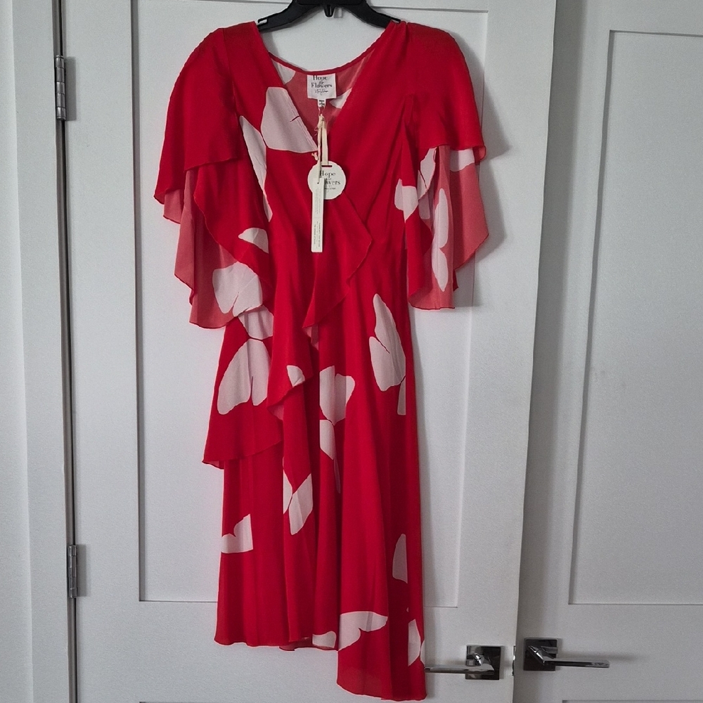 Tracy Reese Red Dress with White Floral Asymmetrical Ruffle